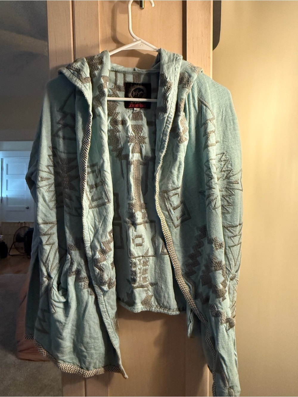 Johnny Was Mint Blue Hooded Cardigan with Taupe Geometric Trim